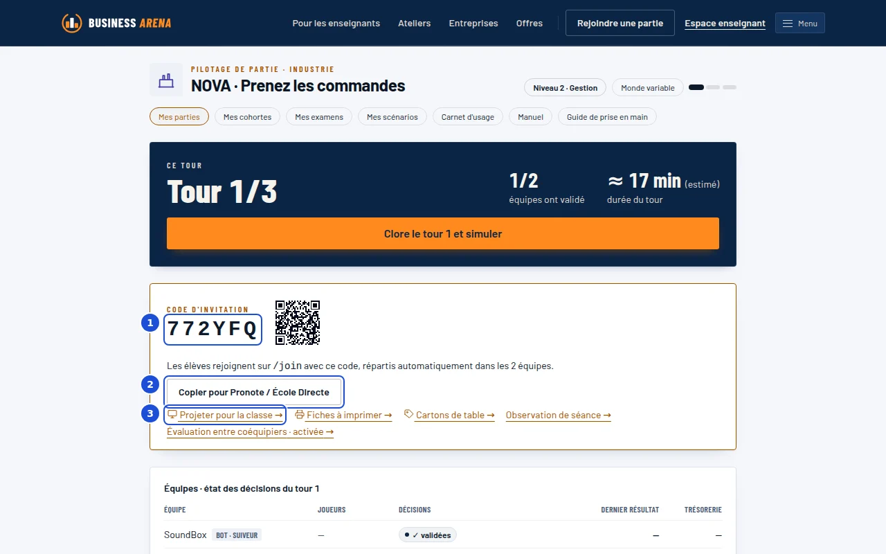 La page de pilotage : le tour en cours, le code d'invitation et le tableau des équipes.