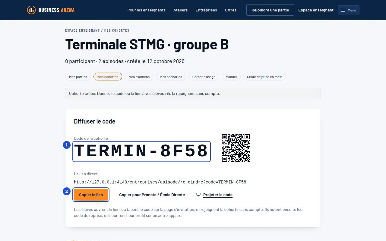 La page d'une cohorte : son code, son lien à copier et les épisodes choisis.