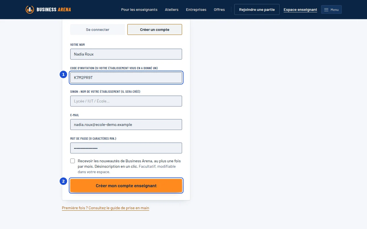 La page Espace enseignant, formulaire de création de compte ouvert : nom, code d'invitation, établissement, e-mail et mot de passe.