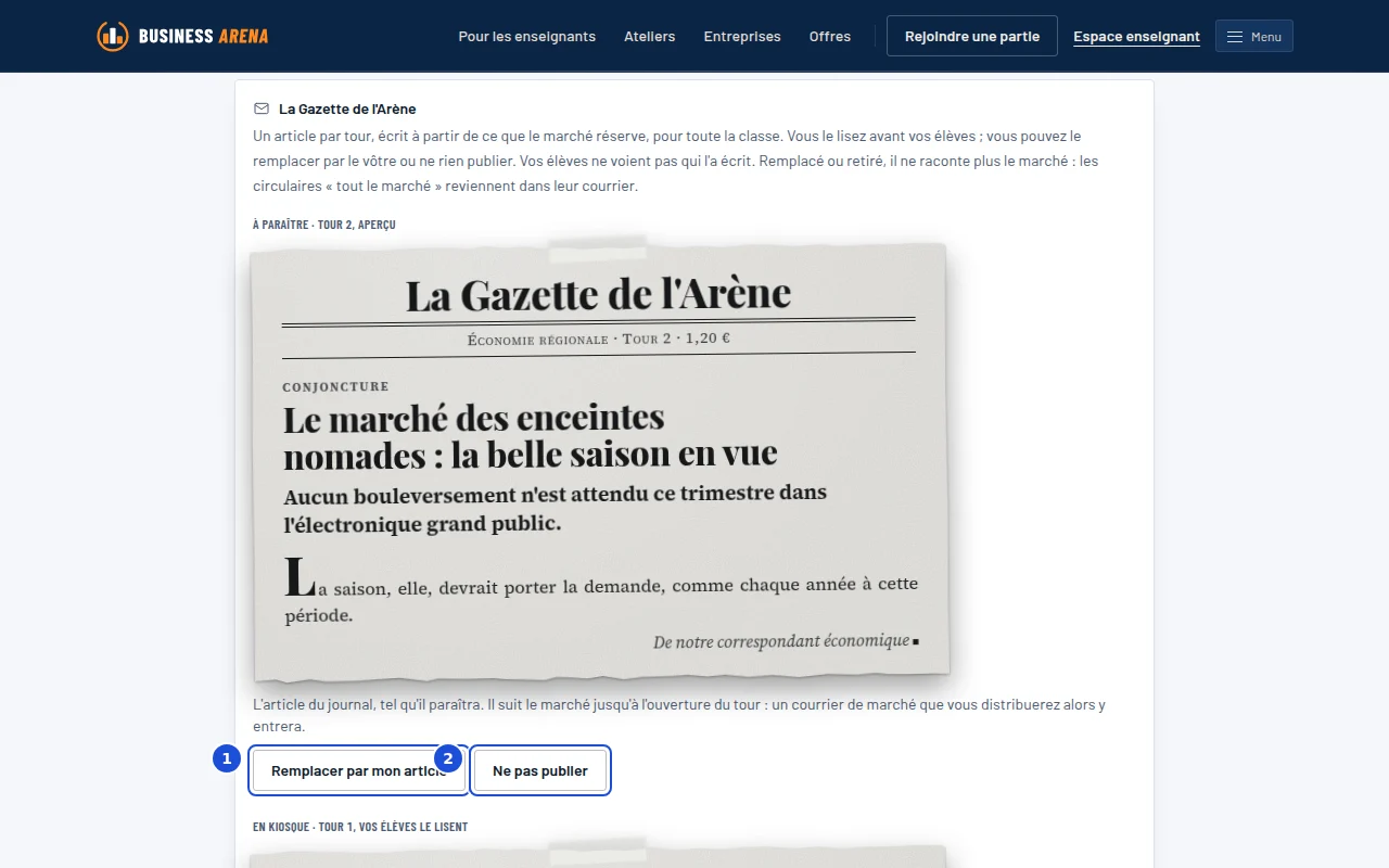 La Gazette de l'Arène dans le pilotage : l'article à paraître, les boutons pour le remplacer ou ne pas le publier.