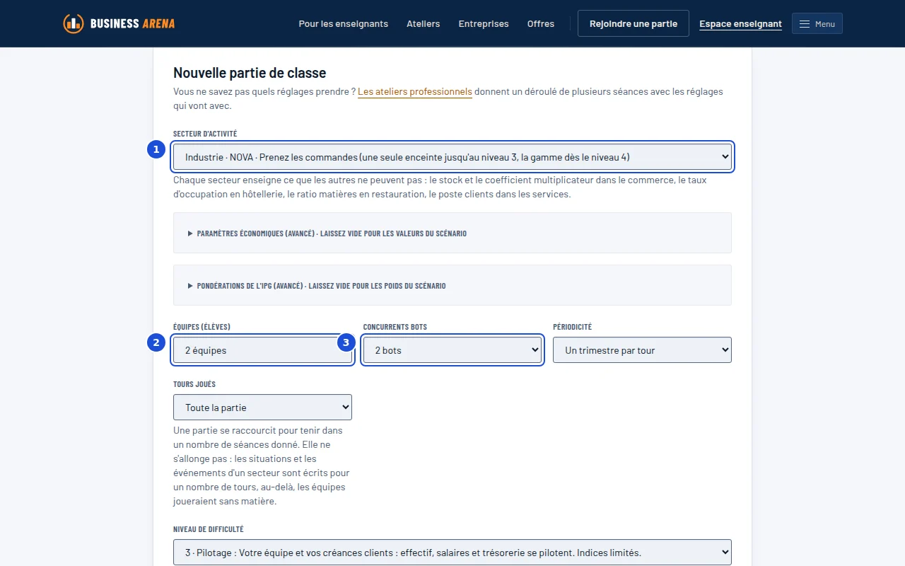 Le formulaire Nouvelle partie de classe : la liste des entreprises jouables, le nombre d'équipes et de concurrents.