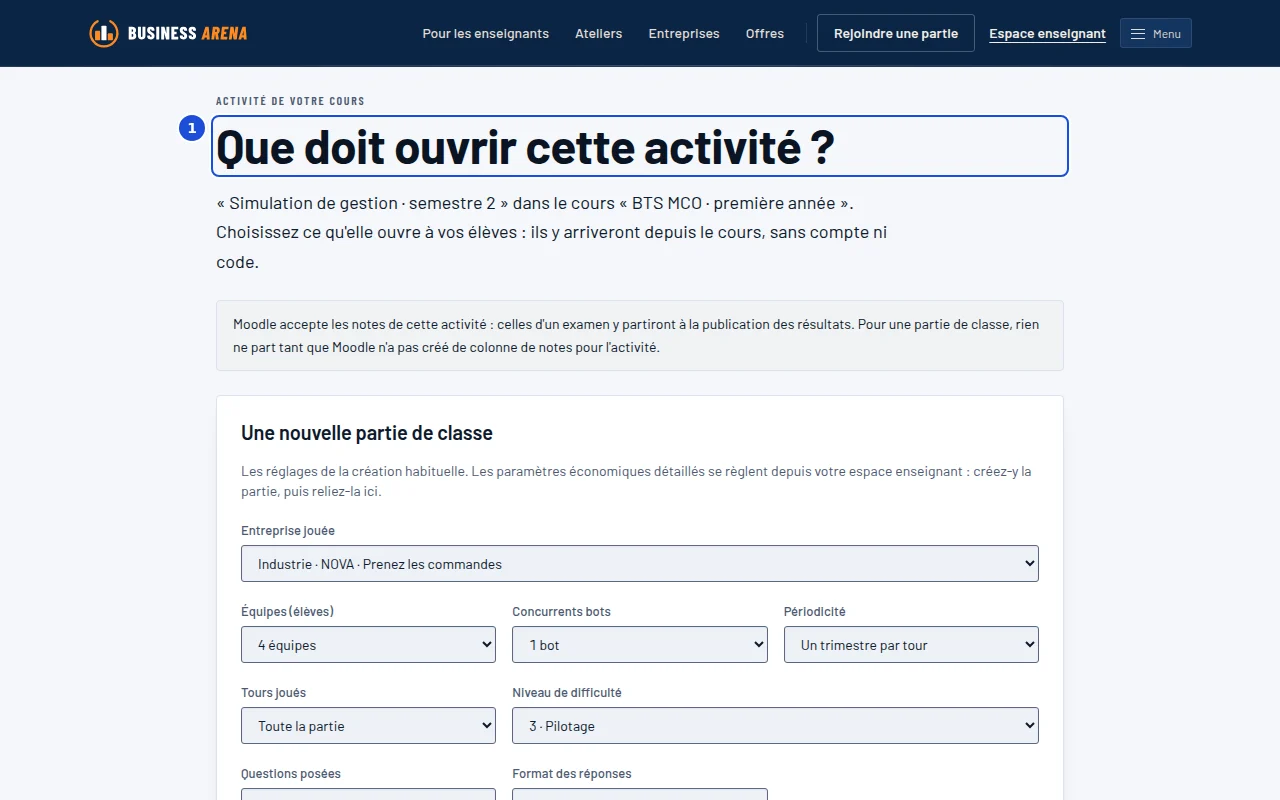L'écran de première ouverture d'une activité, côté enseignant : choisir ce que l'activité ouvre.