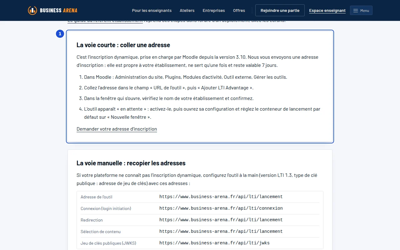 La page Intégration du site : la voie courte par inscription dynamique, pas à pas.