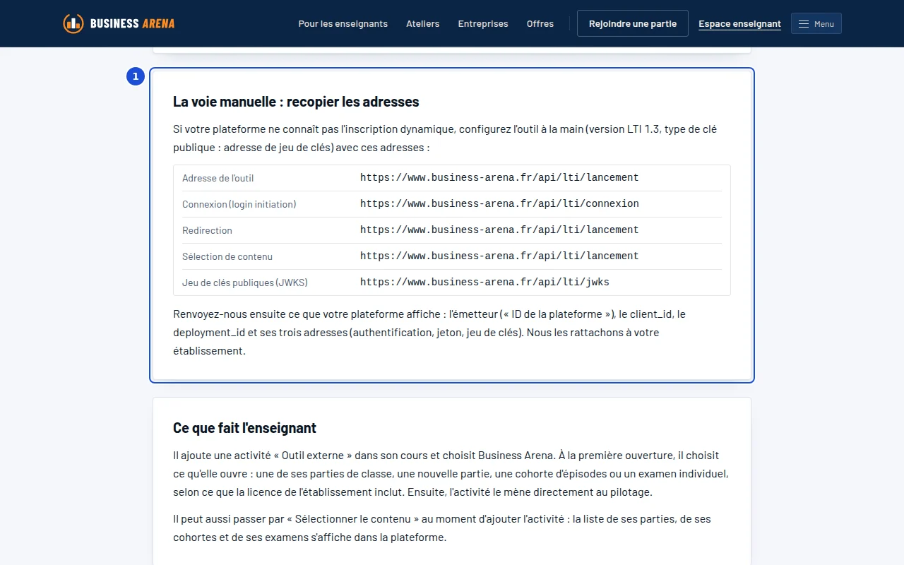 La page Intégration : les adresses de l'outil à recopier dans la plateforme de cours.