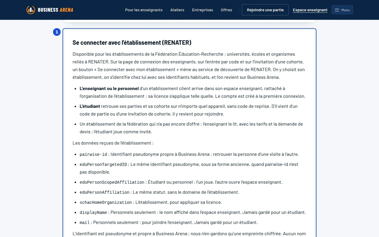 La page Intégration, section RENATER : qui peut se connecter, ce que la connexion ouvre et les données reçues.