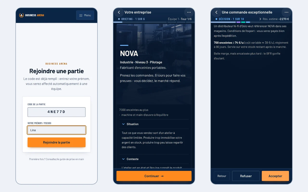 Trois écrans de téléphone : la page pour rejoindre, le briefing du tour et un écran de décision.