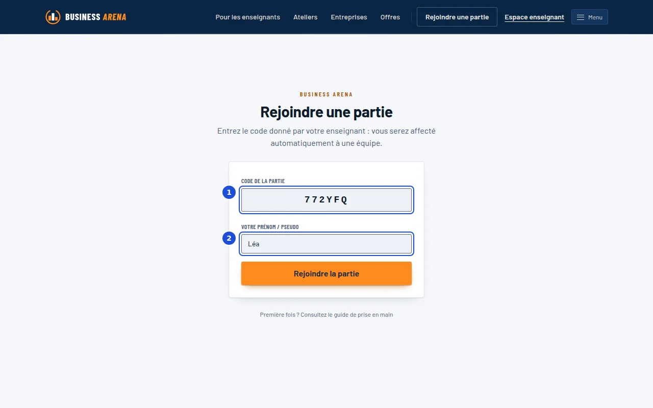 La page Rejoindre une partie : le champ du code, le champ du prénom et le bouton pour entrer.