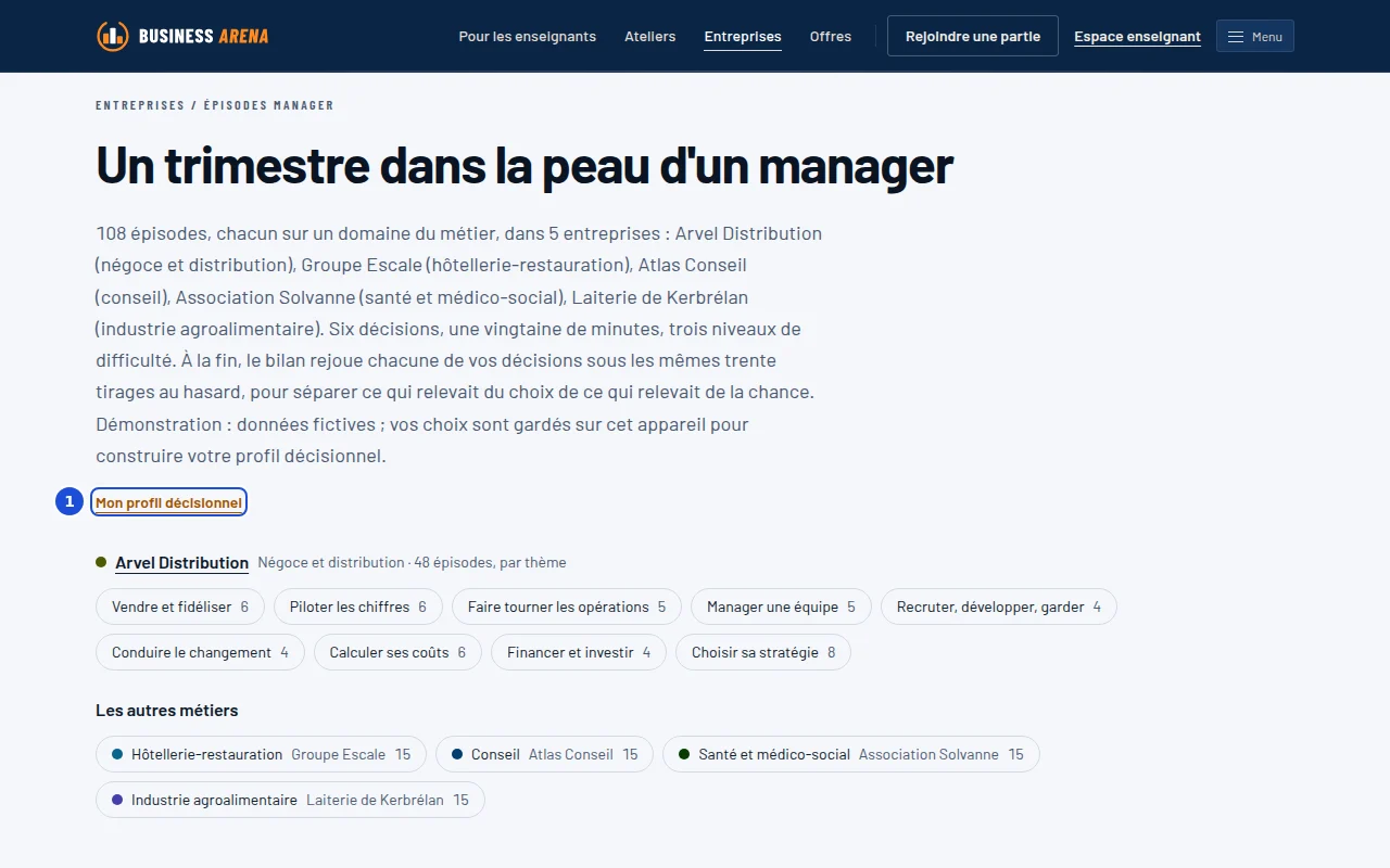 Le catalogue des épisodes manager : les métiers, et les thèmes du premier métier avec leur nombre d'épisodes.