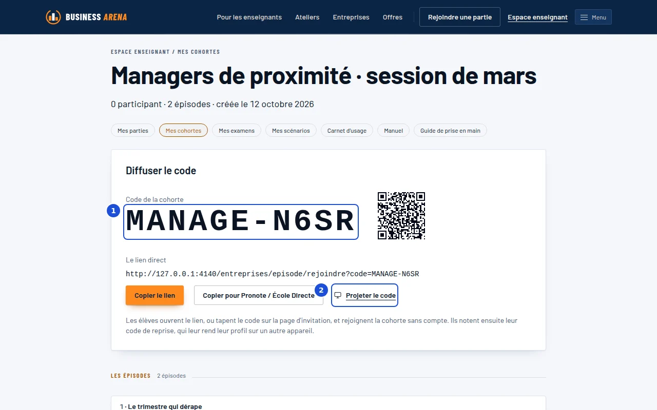 La page d'une cohorte : son code, son lien à copier, le code à projeter et les épisodes choisis.